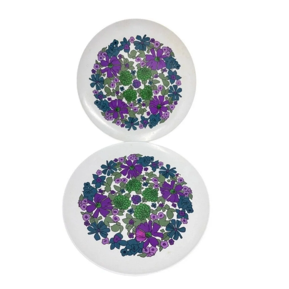 Vintage Retro Floral Melamine Dinner Plates Set‎ of 2 Purple Green Mod 9.5 Inch